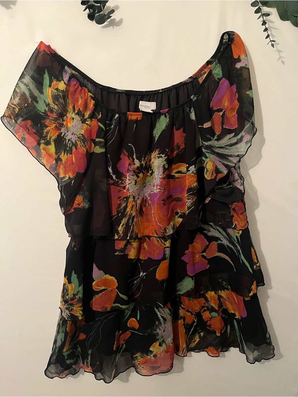dressbarn Black Floral Tiered Off-Shoulder Blouse
